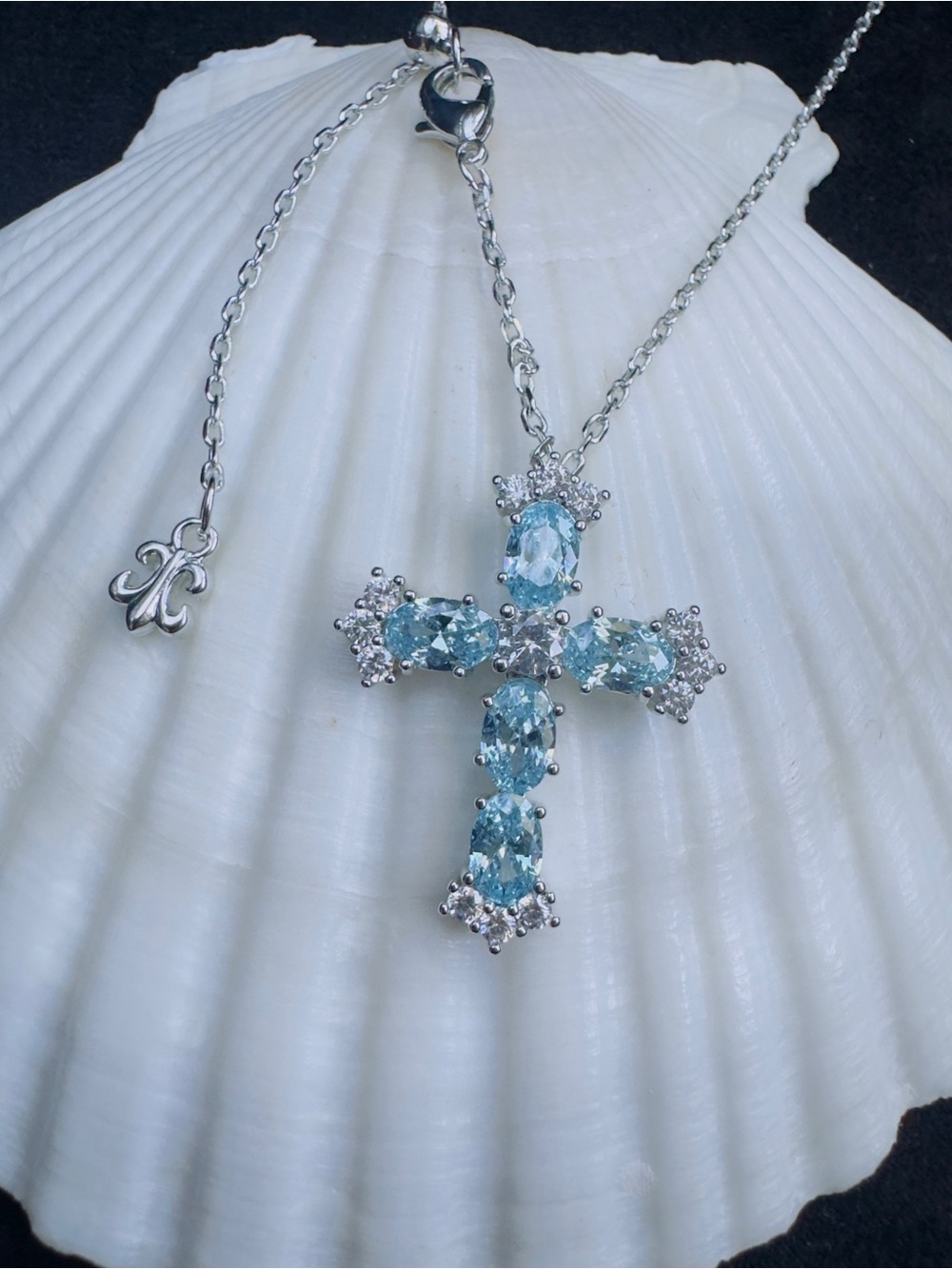 Sky Blue CZ Crystal Cross Pendant Necklace